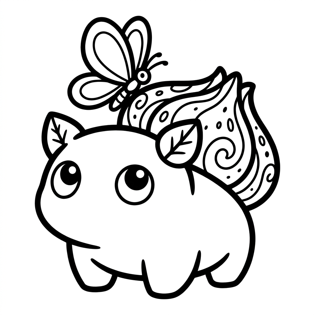 Bulbasaur coloring page with a butterfly landing gently on its plant bulb